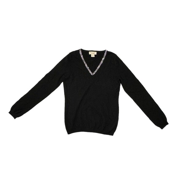 MAINBOCHER Pure Cashmere Sweater V-Neck Long Sleeve Black W/Rhinestones Sz Small - Picture 1 of 9